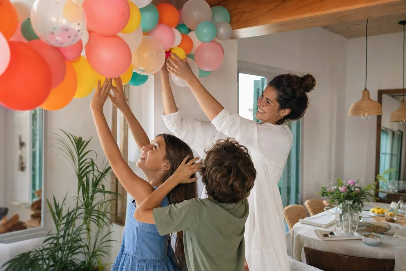 Madre y sus hijos decorando la casa juntos para la fiesta