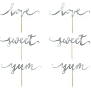 Adornos para cupcakes Love, plata, 13 cm, 6 uds.