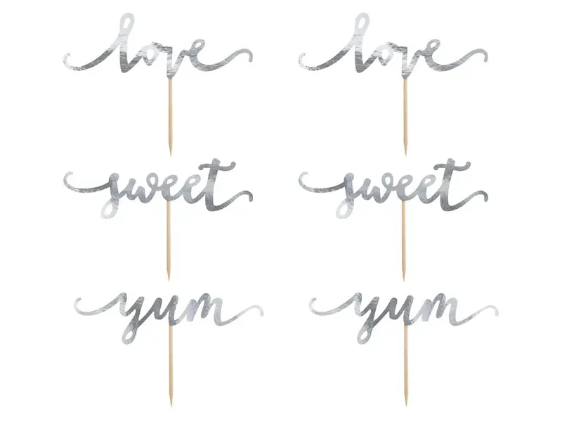 Adornos para cupcakes Love, plata, 13 cm, 6 uds.