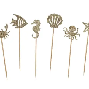 Adornos para cupcakes Mundo submarino, papel, purpurina dorada, 10 cm, 6 uds.