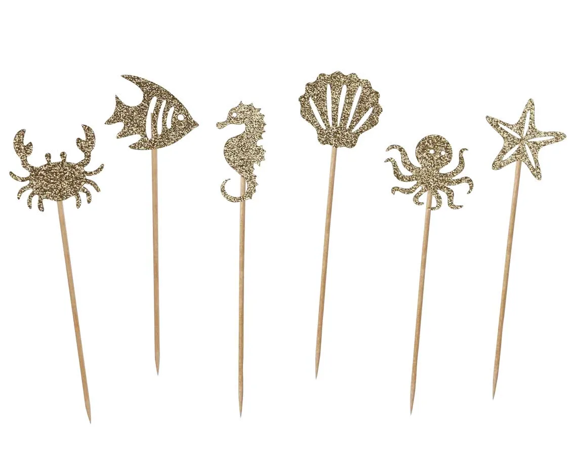 Adornos para cupcakes Mundo submarino, papel, purpurina dorada, 10 cm, 6 uds.