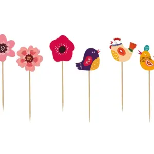 Adornos para cupcakes Pájaros y Flores, papel, 12 x 4 cm, 6 uds.