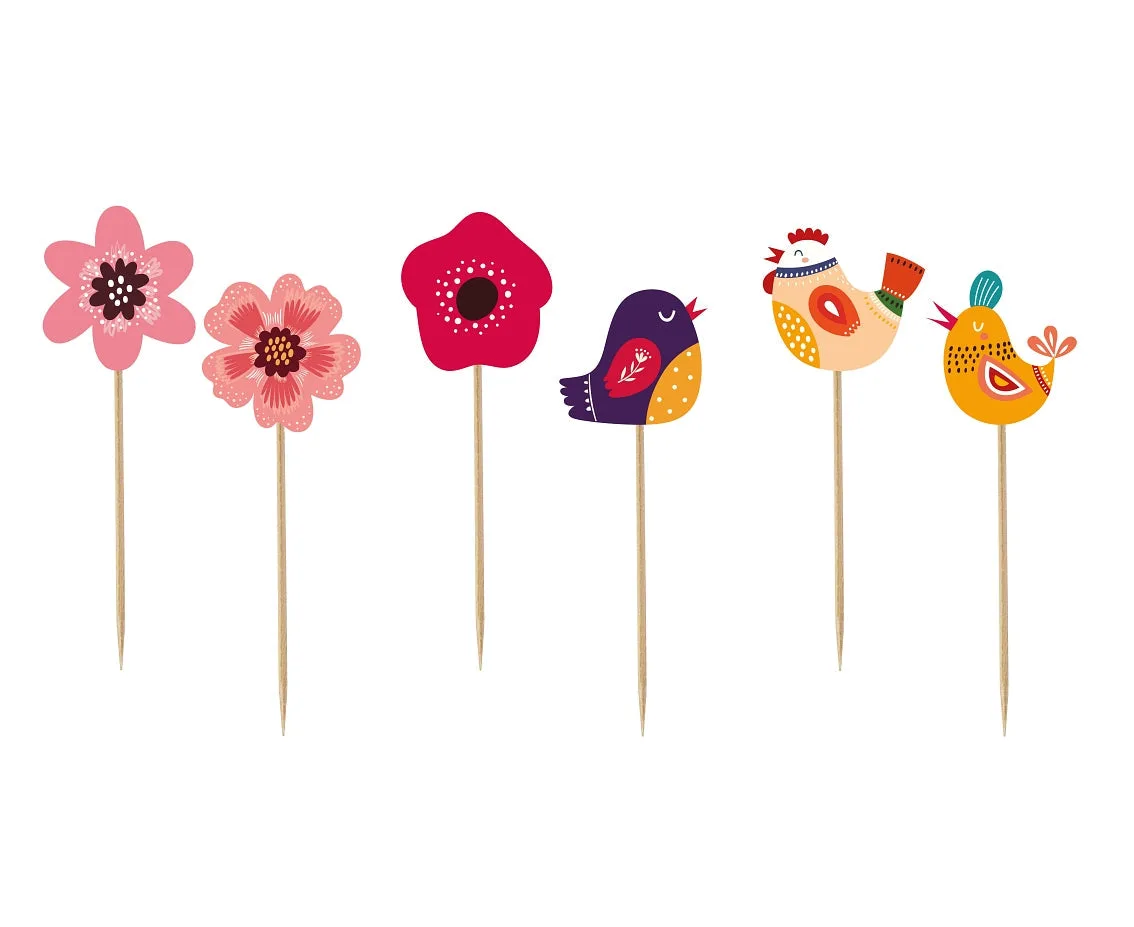 Adornos para cupcakes Pájaros y Flores, papel, 12 x 4 cm, 6 uds.