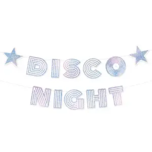 Banner de papel disco plateado, Noche de discoteca, 182 x 16 cm