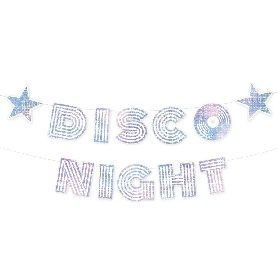 Banner de papel disco plateado, Noche de discoteca, 182 x 16 cm