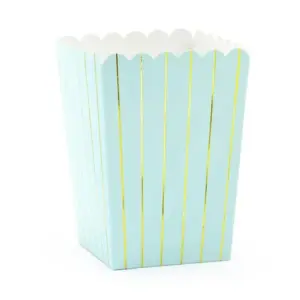 Cajas de papel para palomitas de maíz, azul claro con rayas doradas, 7 x 7 x 12,5 cm, 6 uds.