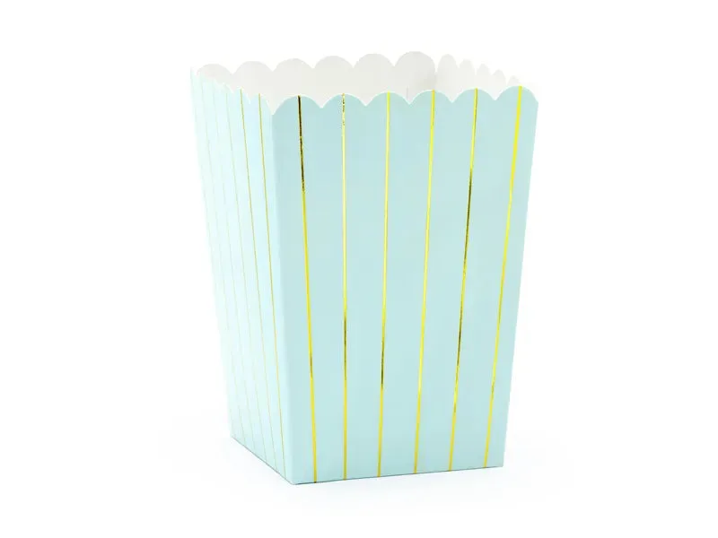 Cajas de papel para palomitas de maíz, azul claro con rayas doradas, 7 x 7 x 12,5 cm, 6 uds.