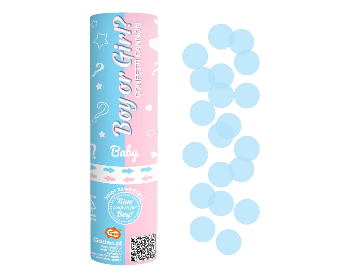 Cañón de confeti para Niño o Niña, círculos de papel celeste, 15 cm