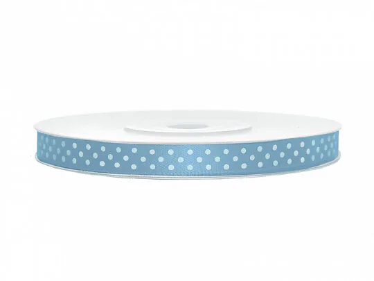 Cinta de raso azul claro con lunares blancos 6 mm x 25 m