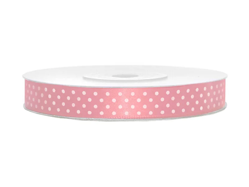 Cinta de raso rosa con lunares blancos 12 mm x 25 m