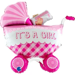 Globo de aluminio 3D "It's A Girl Buggy", rosa, 33" / 81x78x32 cm