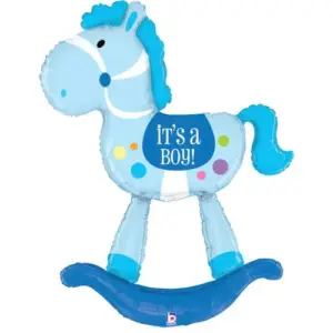 Globo de aluminio Caballo balancín azul, Es un niño, 52" / 132 cm