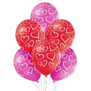 Globos de látex Corazones, rojo y rosa, 12"/ 30 cm, 6 uds.