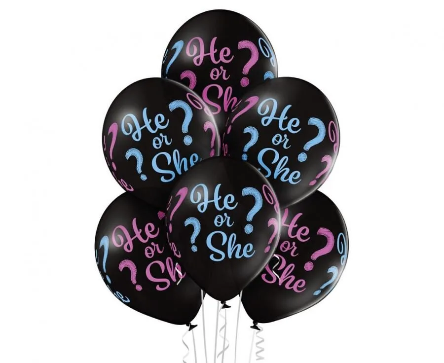 Globos de látex ¿Él o Ella?, negro, 12"/ 30 cm, 6 uds.