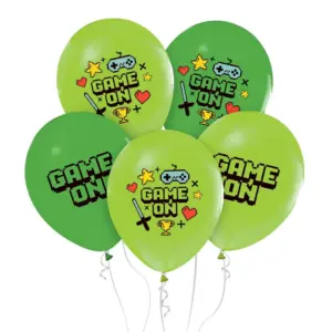 Globos de látex Game On, verde, 12"/ 30 cm, 5 uds.