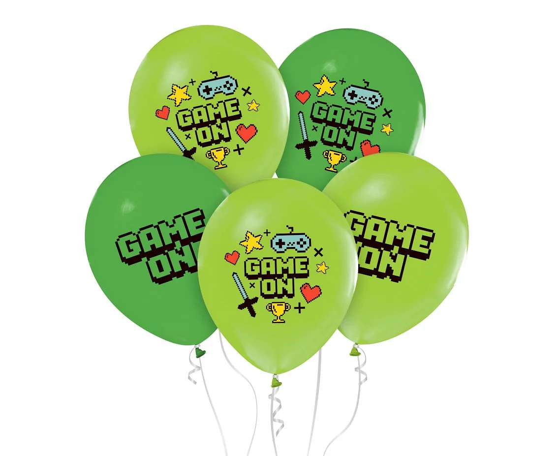 Globos de látex Game On, verde, 12"/ 30 cm, 5 uds.
