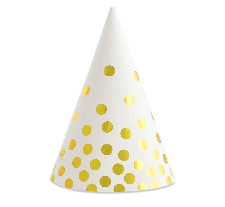 Gorros de fiesta con lunares dorados, color blanco, 16 cm, 6 uds.