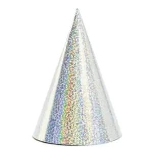 Gorros de fiesta holográficos, plateados, 16 cm, 6 uds.