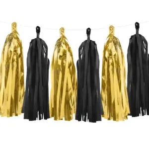 Guirnalda de borlas de papel o aluminio, color negro y dorado (12 borlas)