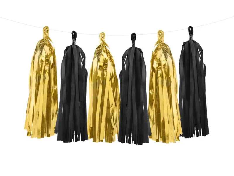Guirnalda de borlas de papel o aluminio, color negro y dorado (12 borlas)