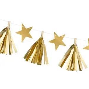 Guirnalda de papel Estrellas y Borlas, dorada, 1,3 m