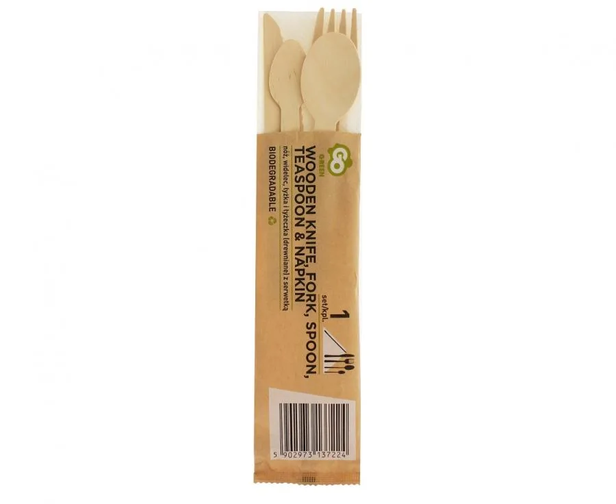 Juego de cubiertos de madera, cuchillo, cuchara, cucharilla, tenedor y servilleta, 16 cm, 5 unidades