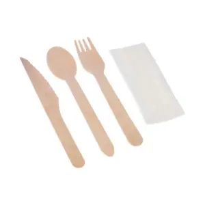 Juego de cubiertos de madera, cuchillo, cuchara, tenedor y servilleta, 16 cm, 4 unidades