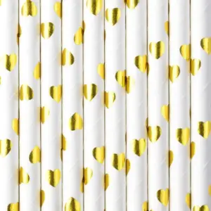 Pajitas de papel blancas con corazones dorados, 19,5 cm, 10 unidades