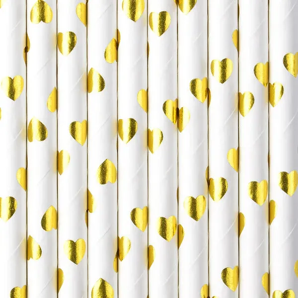 Pajitas de papel blancas con corazones dorados, 19,5 cm, 10 unidades