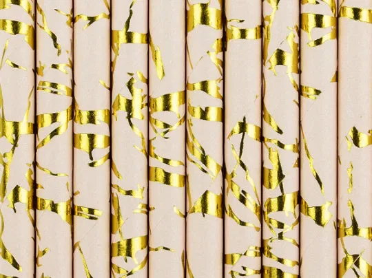 Pajitas de papel, color rosa empolvado con estampado de mármol dorado metalizado, 19,5 cm, 10 uds.
