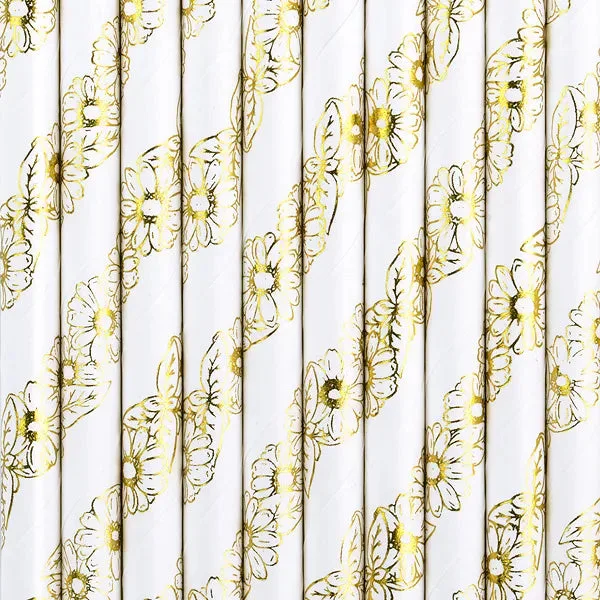 Pajitas de papel, margaritas doradas, 19,5 cm, 10 uds.