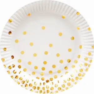 Platos de papel, blanco con lunares dorados, 18 cm, 6 uds.