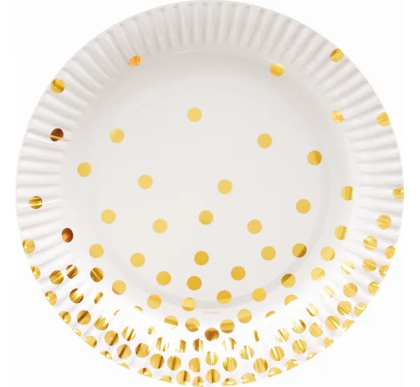 Platos de papel, blanco con lunares dorados, 18 cm, 6 uds.