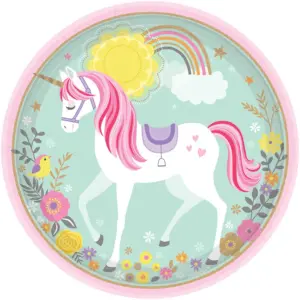 Platos de papel Unicornio y Flores, 23 cm, 8 uds.