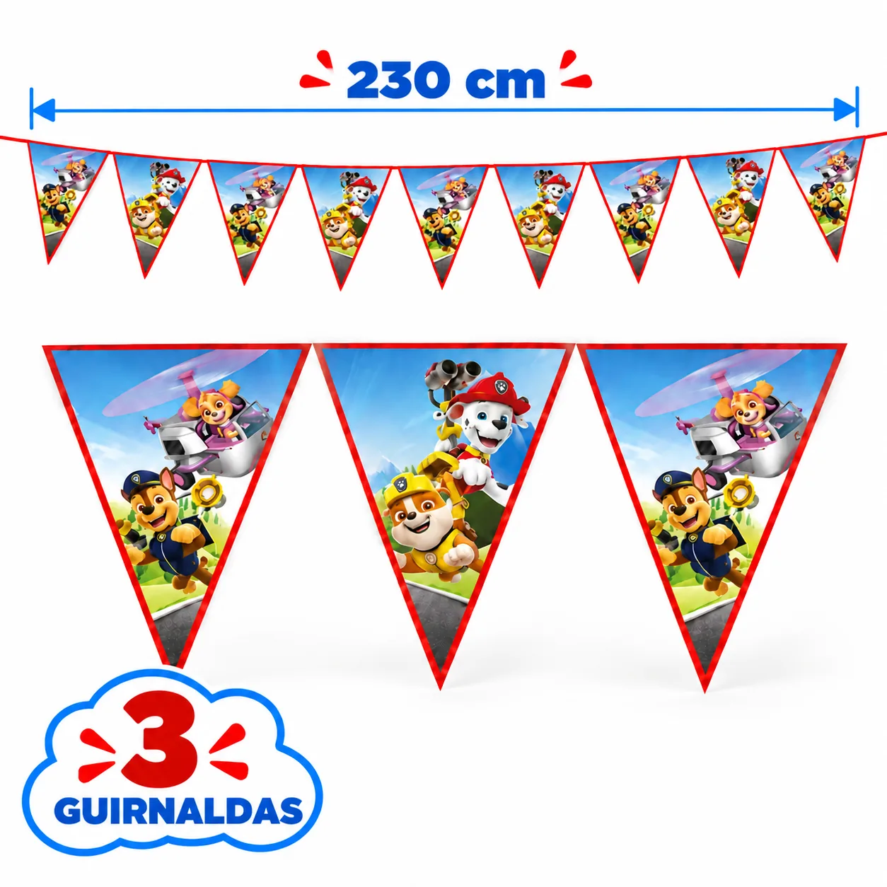 3 pancartas de banderines de la Patrulla Canina de 230 cm con los cachorros