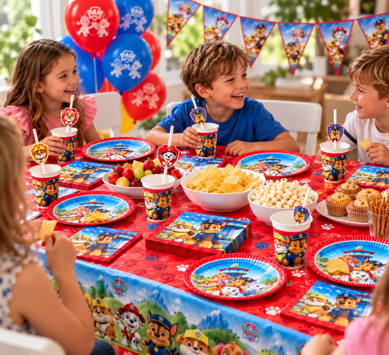 Cumpleaños de la Patrulla Canina con globos rojos y azules, banderines, mantel rojo y pajitas con escudo