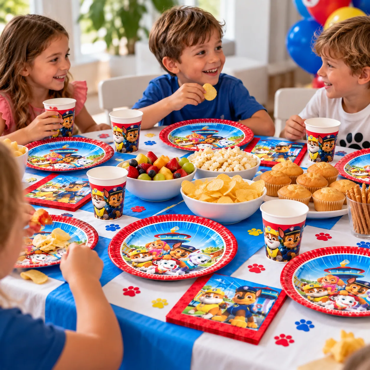 Niños merendando en una mesa con platos, vasos y servilletas de la Patrulla Canina