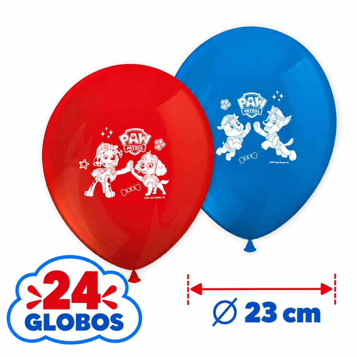 24 globos rojos y azules de 23 cm con el logo de la Patrulla Canina estampado en blanco