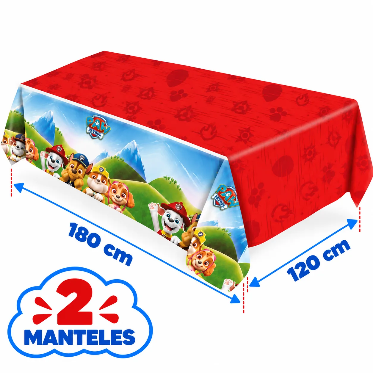 2 manteles de 120 x 180 cm de la Patrulla Canina en rojo, con huellas y cenefa de cachorros
