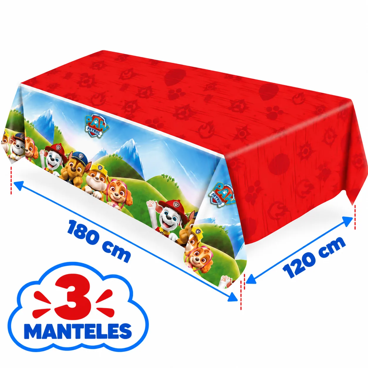 3 manteles de 120 x 180 cm de la Patrulla Canina en rojo, con huellas y cenefa de cachorros