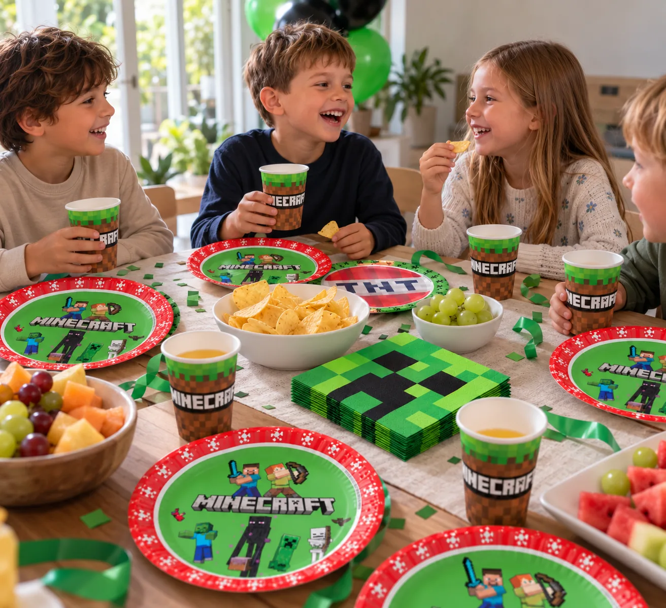 Niños merendando en una mesa con platos, vasos y servilletas de Minecraft