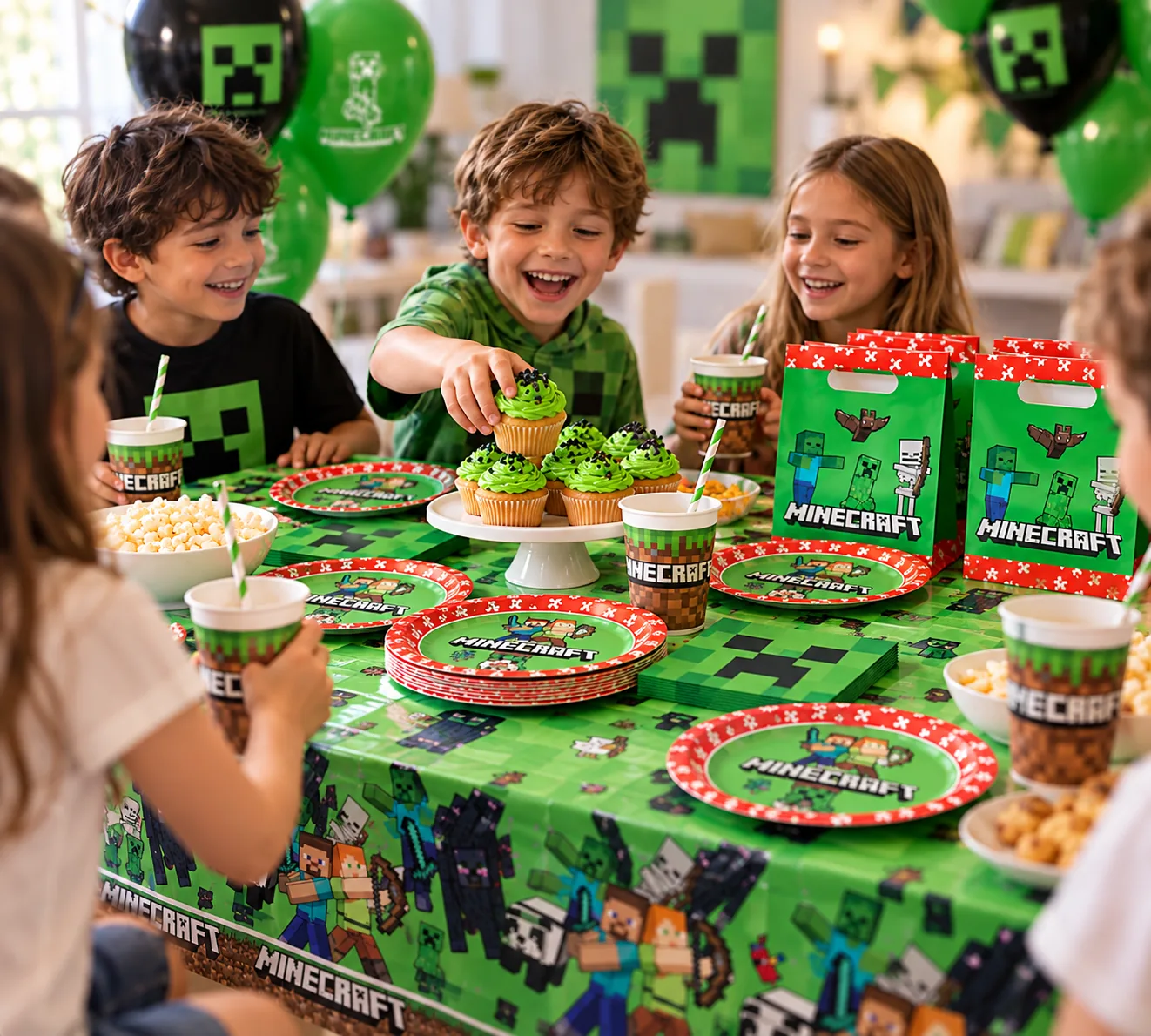 Fiesta de Minecraft con globos de Creeper, bolsitas de regalo y mantel verde con personajes