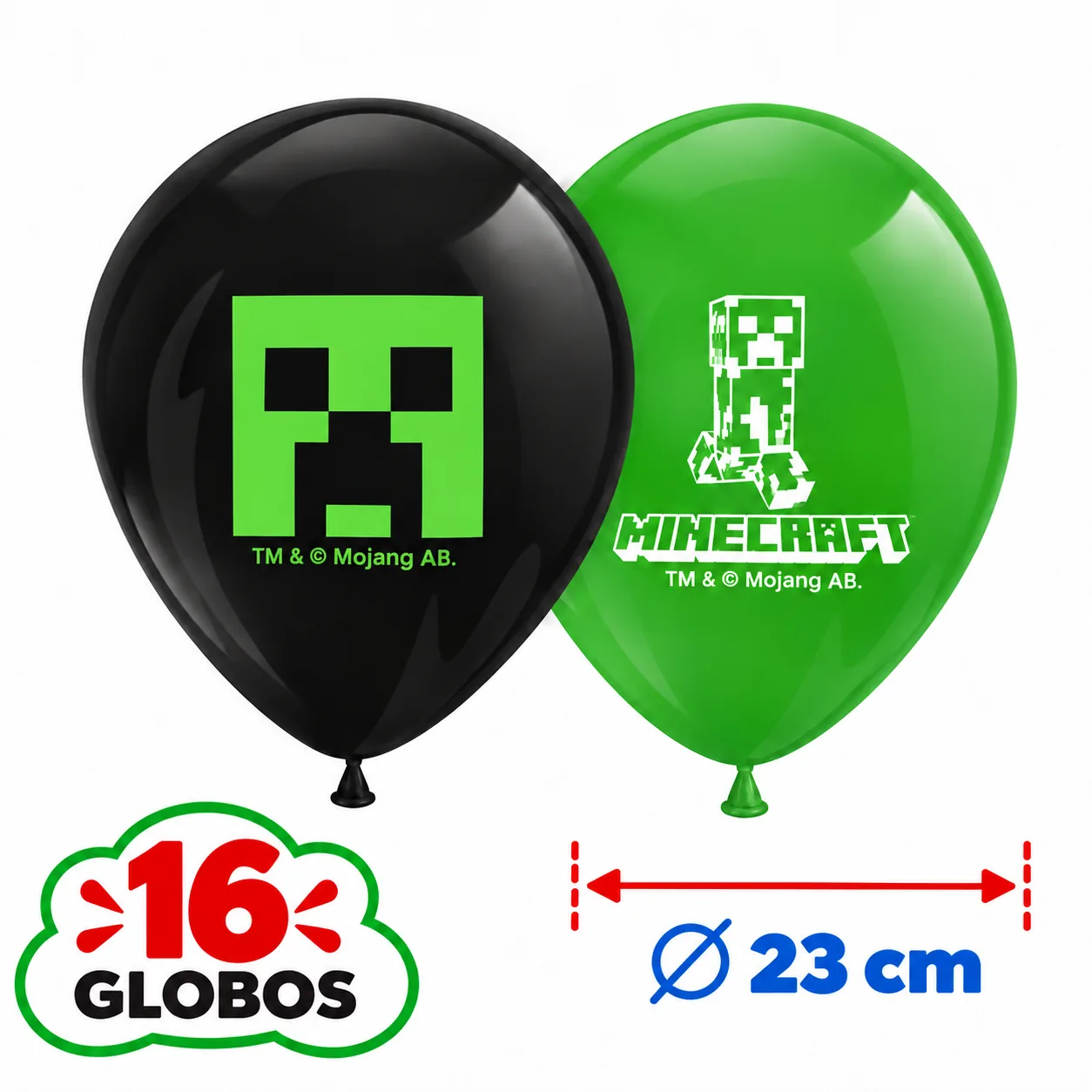 16 globos negros y verdes de 23 cm con el Creeper de Minecraft