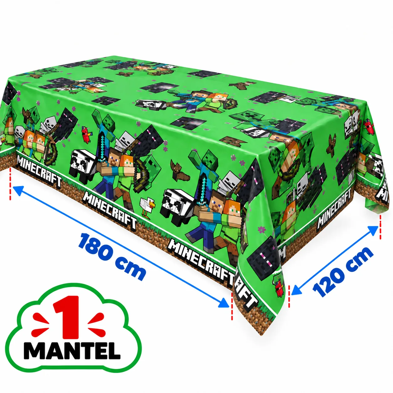 1 mantel de 120 x 180 cm en verde con Steve, Alex y mobs de Minecraft
