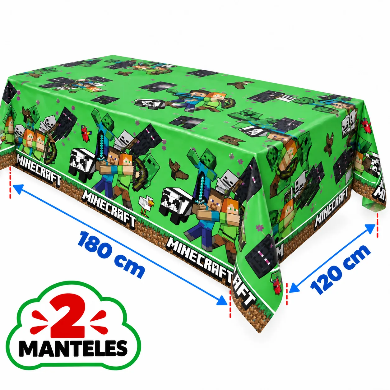 2 manteles de 120 x 180 cm en verde con Steve, Alex y mobs de Minecraft