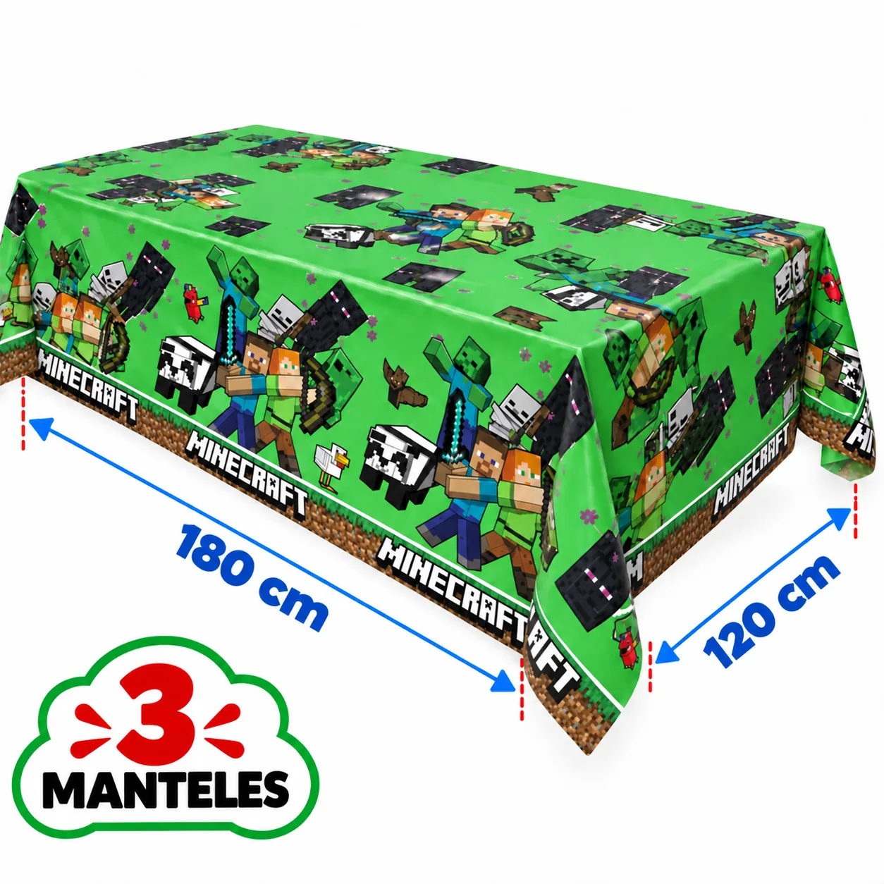 3 manteles de 120 x 180 cm en verde con Steve, Alex y mobs de Minecraft