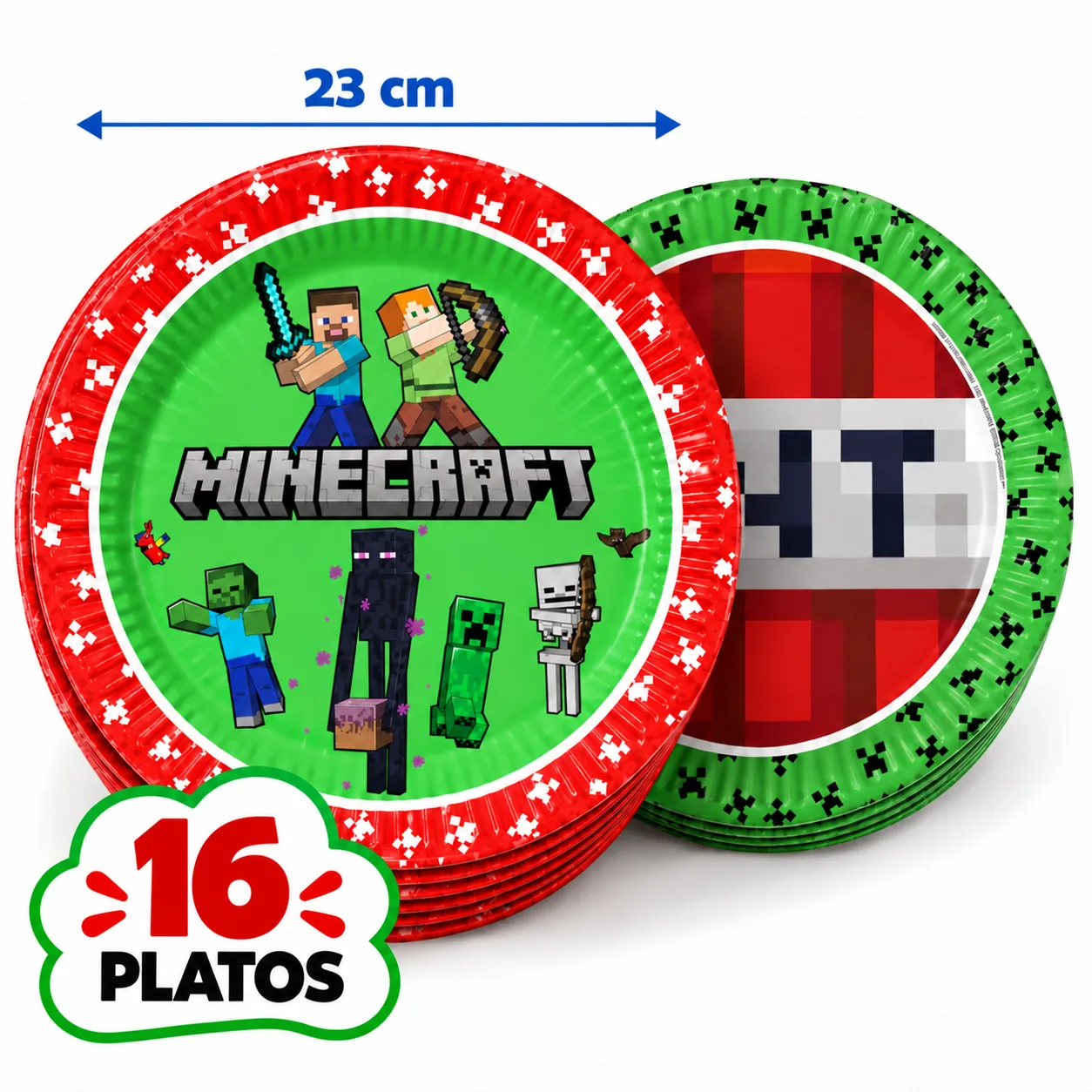 16 platos de 23 cm de Minecraft en dos diseños: Steve y Alex, y bloque de TNT