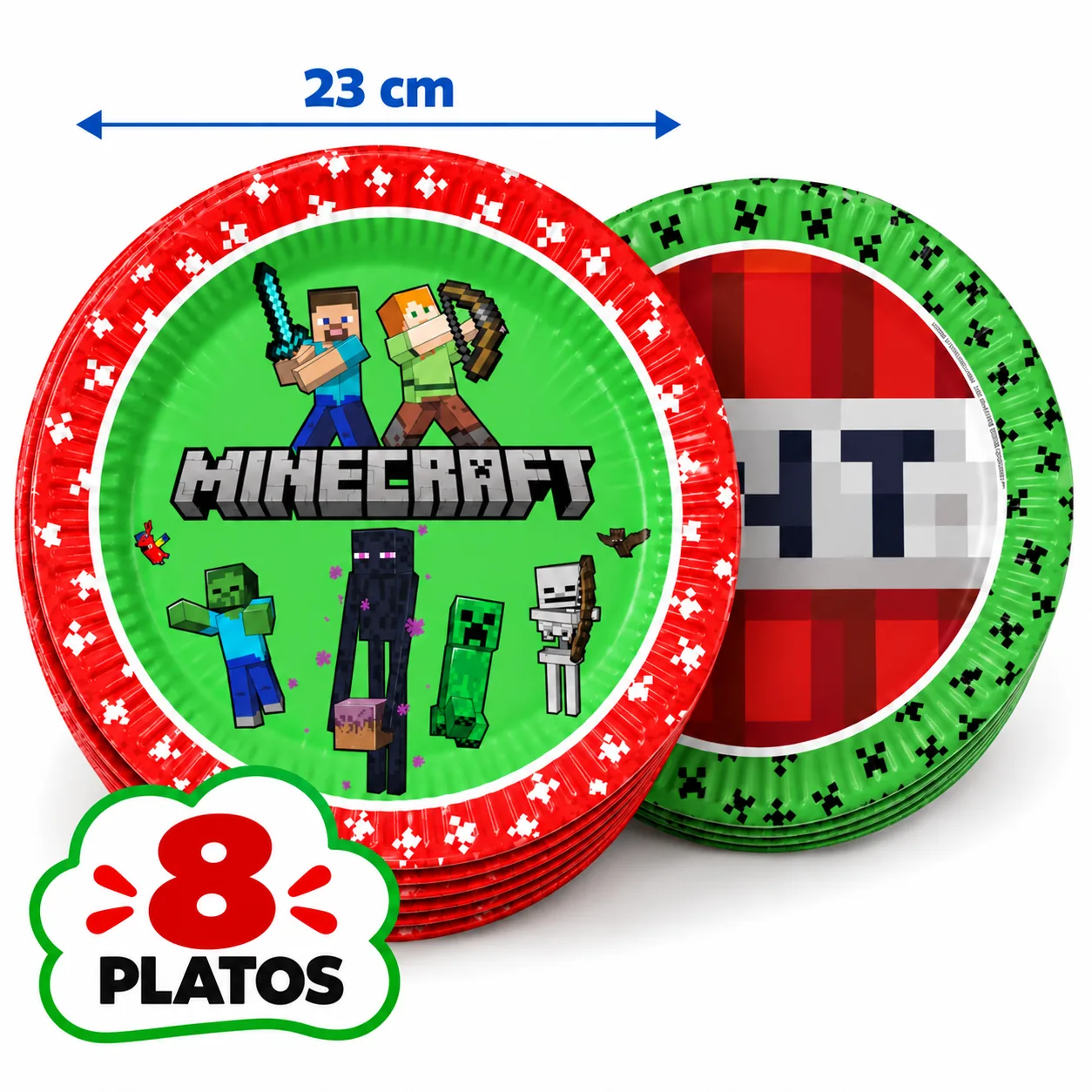 8 platos de 23 cm de Minecraft en dos diseños: Steve y Alex, y bloque de TNT