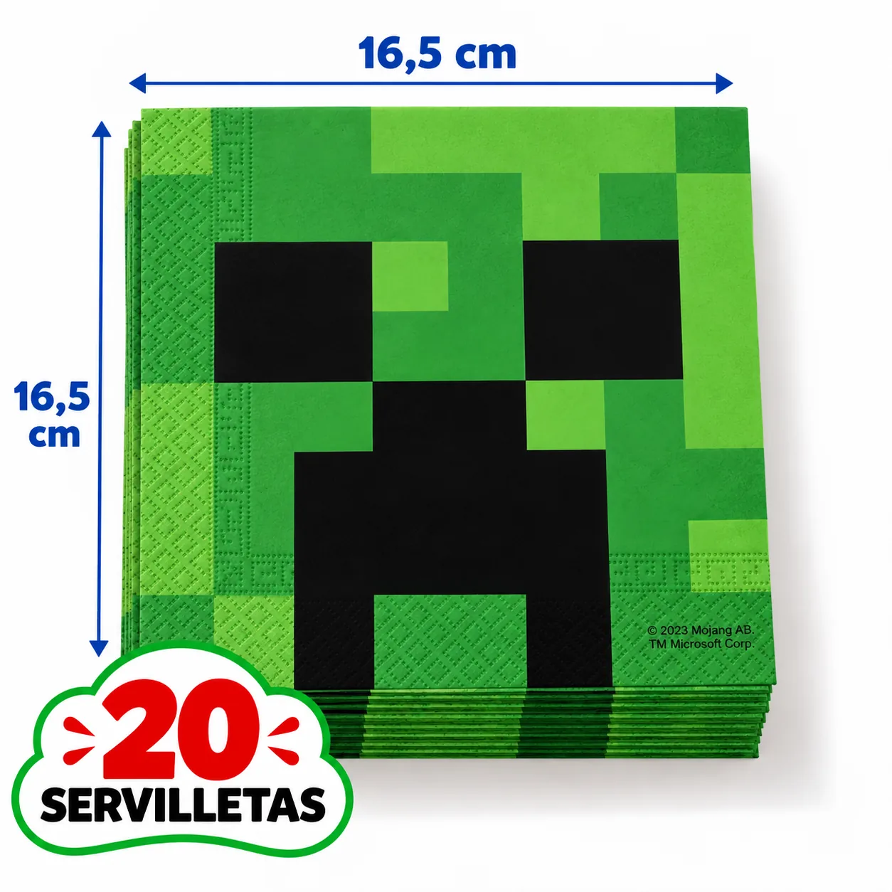 20 servilletas verdes de Minecraft con la cara del Creeper, 16,5 cm dobladas
