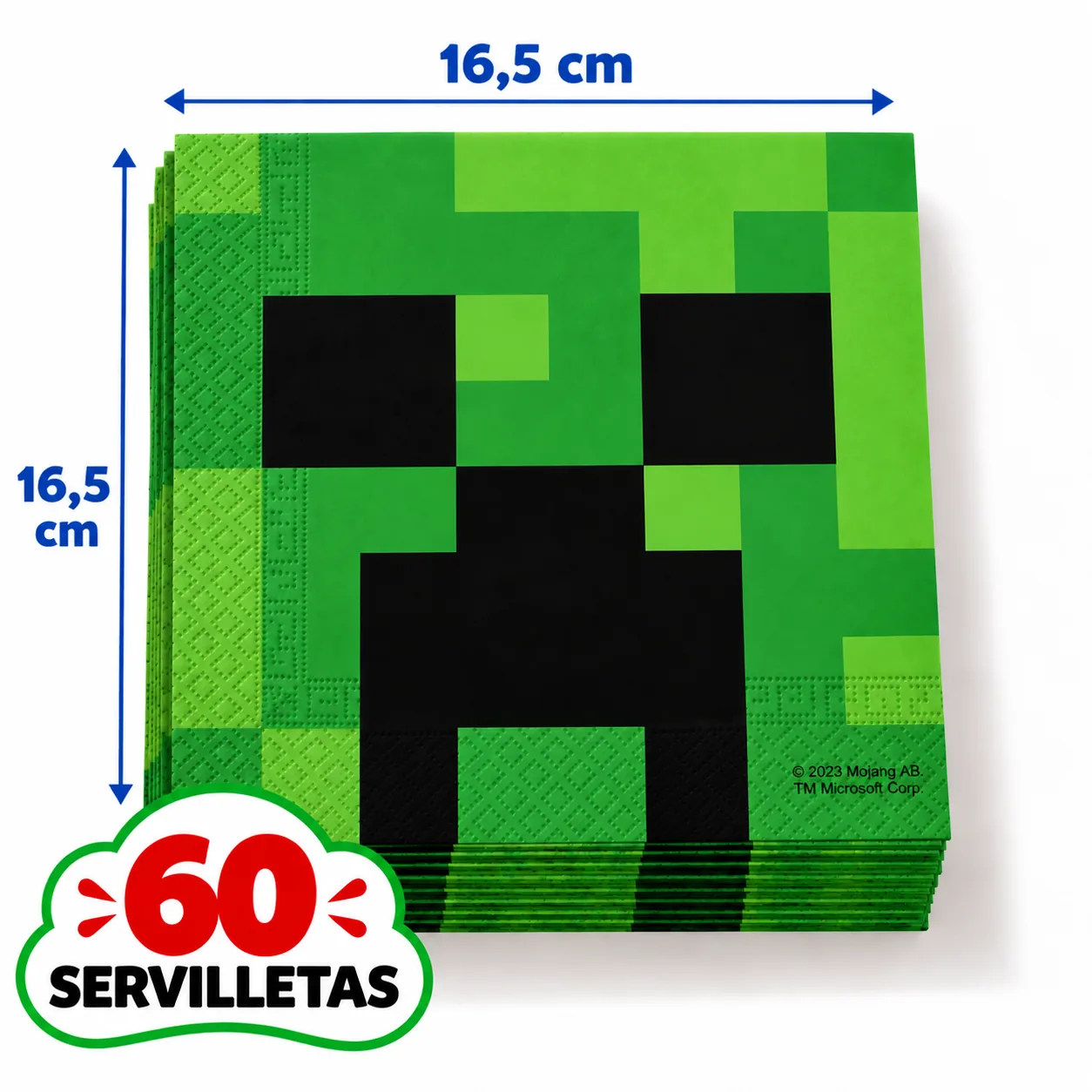 60 servilletas verdes de Minecraft con la cara del Creeper, 16,5 cm dobladas